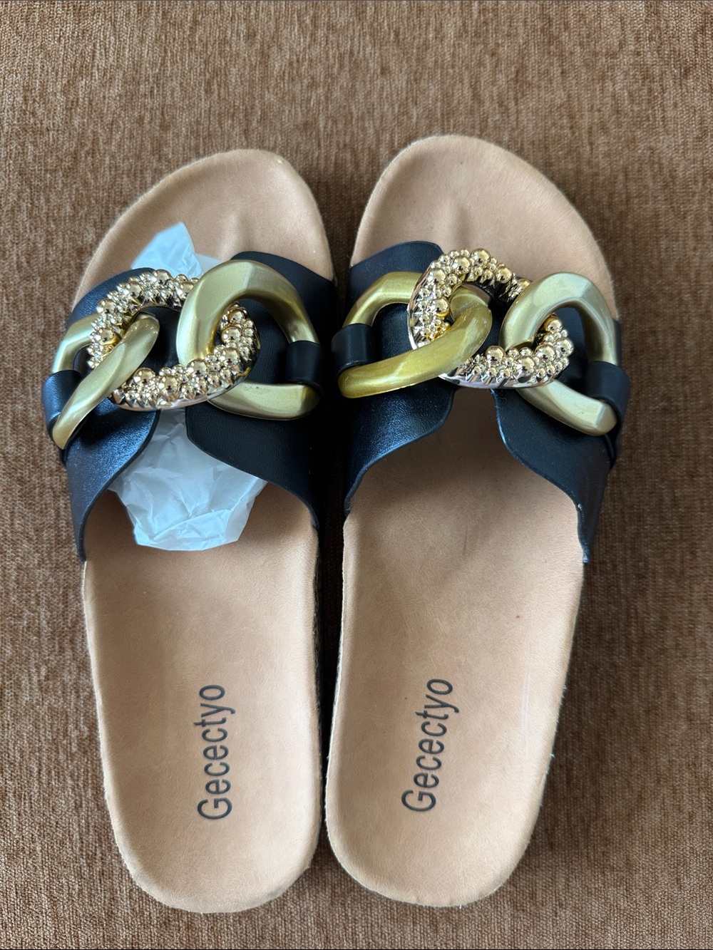 Black Slide Sandals with Decorative Gold Chain Links